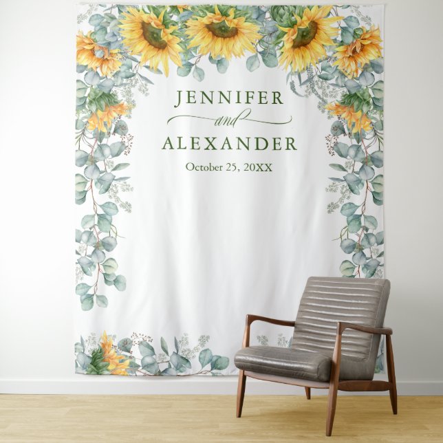 Sunflower Eucalyptus Wedding Photo Backdrop Tapestry (In Situ)