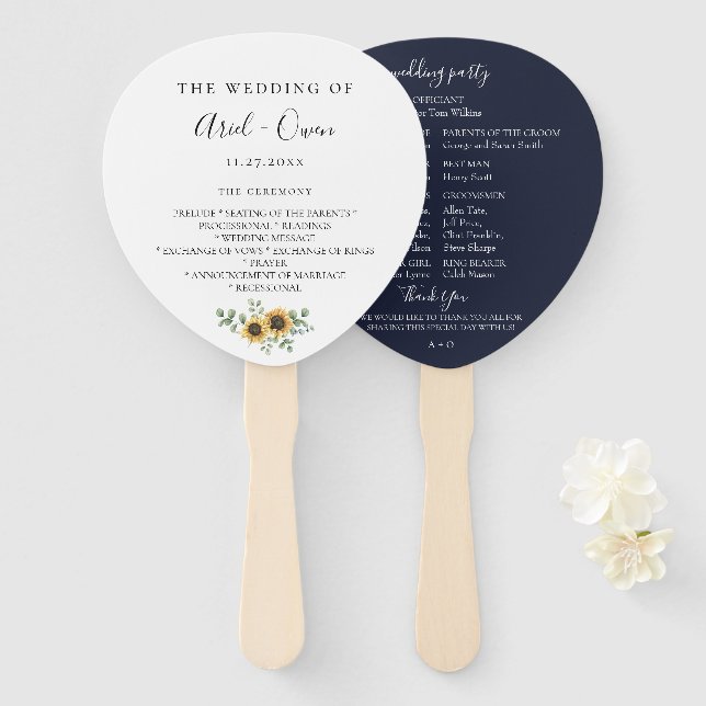 Sunflower Eucalyptus Wedding Program Hand Fans (Front and Back)
