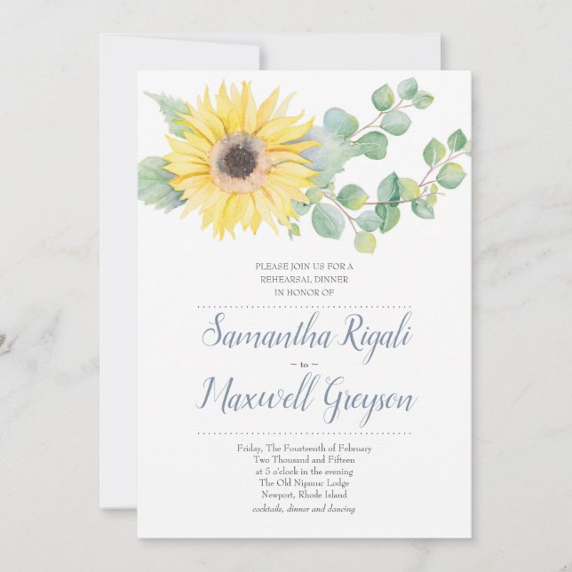 Sunflower & Eucalyptus Wedding Rehearsal Dinner Invitation (Front)