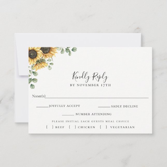 Sunflower Eucalyptus Wedding RSVP Meal Choice Card (Front)