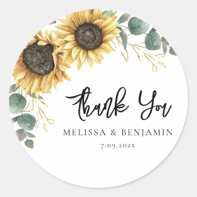 Sunflower Eucalyptus Wedding Script Thank You Classic Round Sticker (Front)