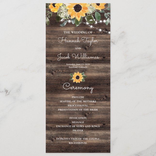 Sunflower Eucalyptus Wood Wedding Program Programme (Front)