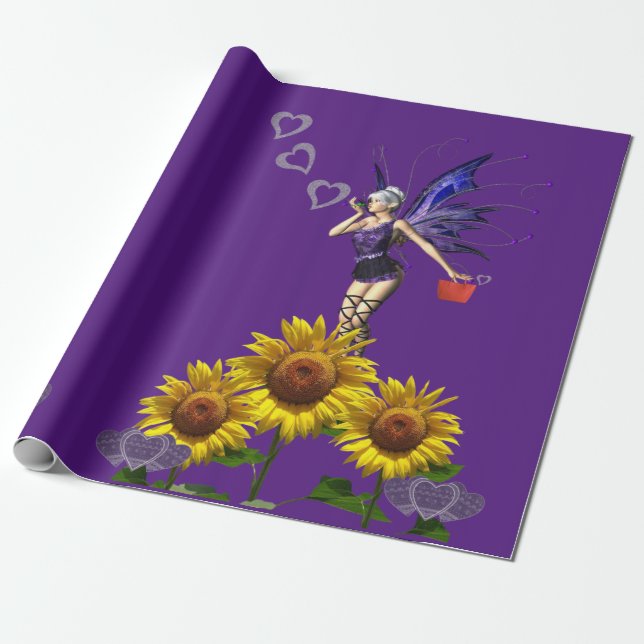 Sunflower Fairy Red Hearts Matte Wrapping Paper (Unrolled)