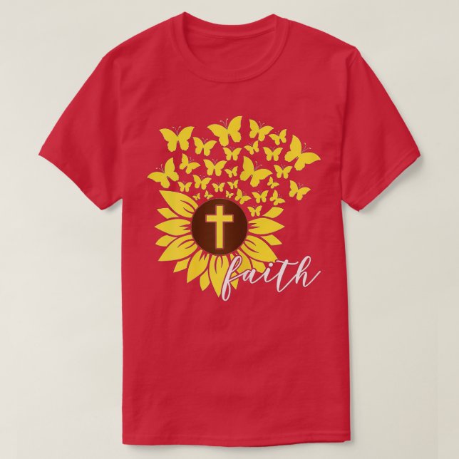 Sunflower Faith Cross Butterflies Christian Religi T-Shirt (Design Front)
