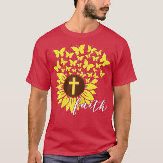 Sunflower Faith Cross Butterflies Christian Religi T-Shirt