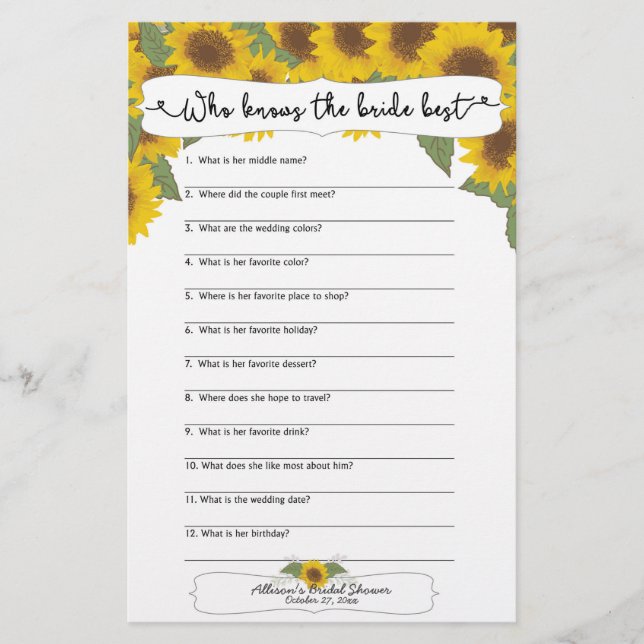 Sunflower Fall Bridal Shower Games,  3632 (Front)