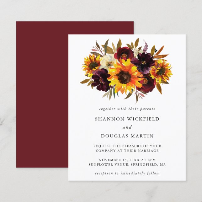 Sunflower Fall Floral Budget Wedding Invitation (Front/Back)
