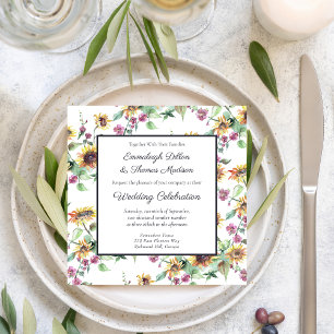 Sunflower Fall Watercolor Florals Pattern Wedding Invitation
