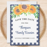 Sunflower Family Reunion Save The Date<br><div class="desc">Are you planning a family reunion?
Let your family know the reunion date with these charming Save The Date cards. 
They are decorated with watercolor sunflowers and foliage on a blue check background.
Easily customisable.
Original Watercolor © Michele Davies.</div>