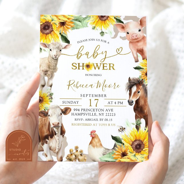 Sunflower Farm Animal Summer Baby Shower Invitation (Creator Uploaded)