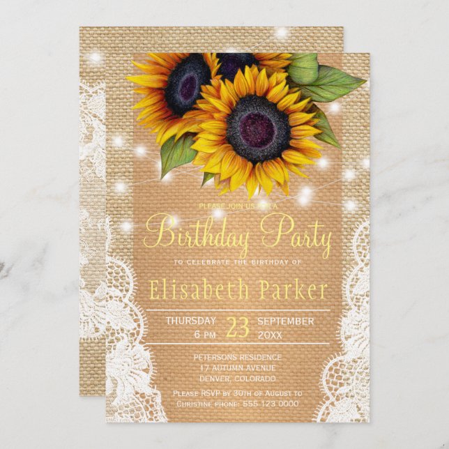 Sunflower farmhouse burlap and lace birthday party invitation (Front/Back)