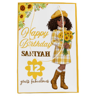 Sunflower Fashion Girl Yellow Plaid Birthday Medium Gift Bag
