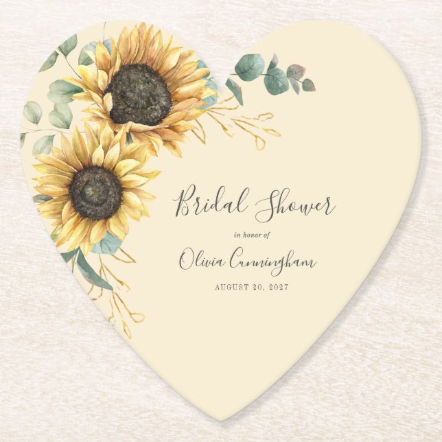Sunflower Faux Gold Floral Script Bridal Shower Paper Coaster (Front)