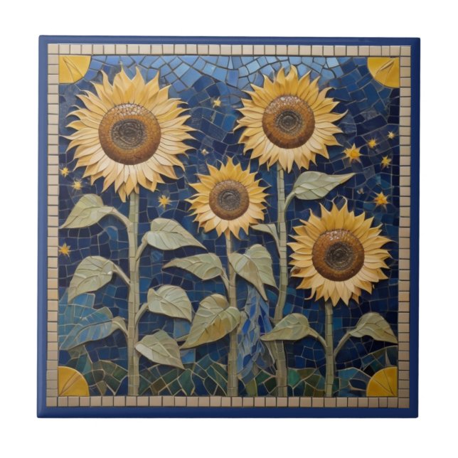 Sunflower Faux Mosaic Yellow Sunflowers Navy Blue Tile (Front)