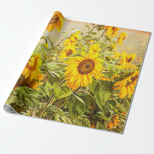 Sunflower Field Decoupage Yellow Vintage Antique Wrapping Paper