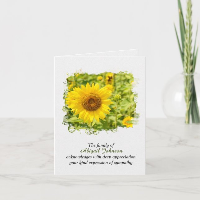 Sunflower Field for Sympathy Thank You   Card (Front)