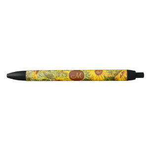 Sunflower Field Monogram Yellow Green Vintage Art Black Ink Pen