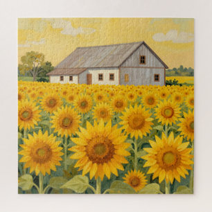 Sunflower Field Rustic Barn Landscape Jigsaw Puzzle