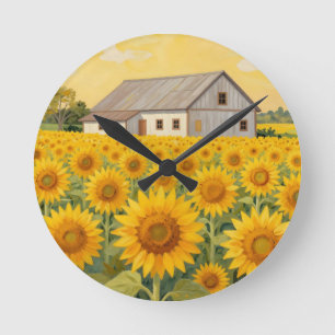 Sunflower Field Rustic Barn Landscape Round Clock