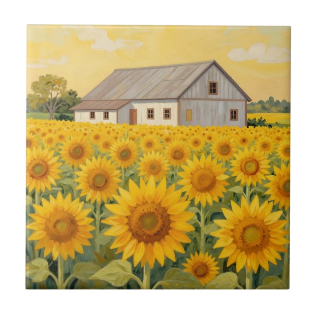 Sunflower Field Rustic Barn Landscape Tile (Front)