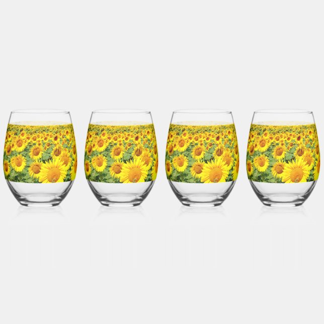 Sunflower field stemless wine glass (Front)