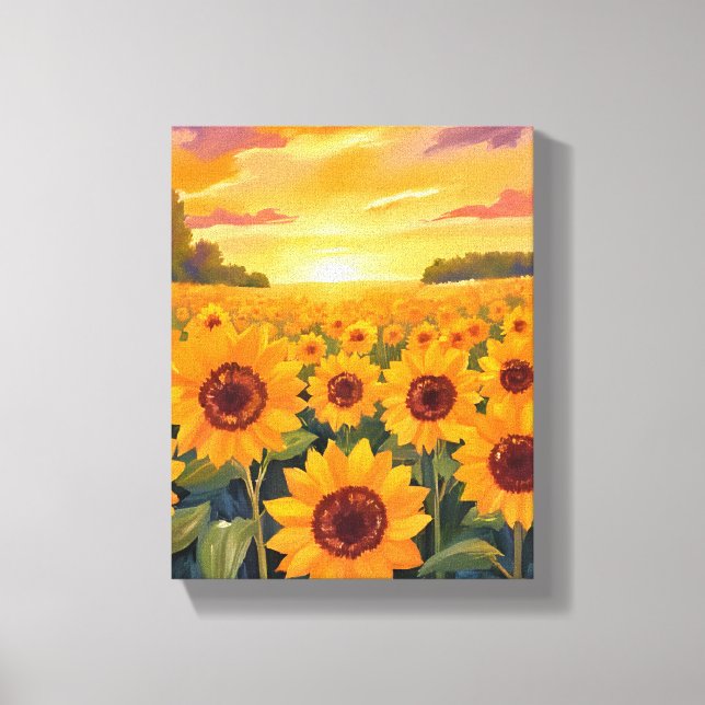 Sunflower Field Sunset Landscape Painting Canvas Print (Front)