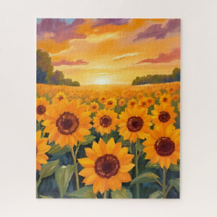 Sunflower Field Sunset Landscape Painting Jigsaw Puzzle