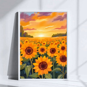 Sunflower Field Sunset Landscape Painting Poster