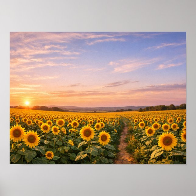 Sunflower Field Sunset Landscape Poster (Front)