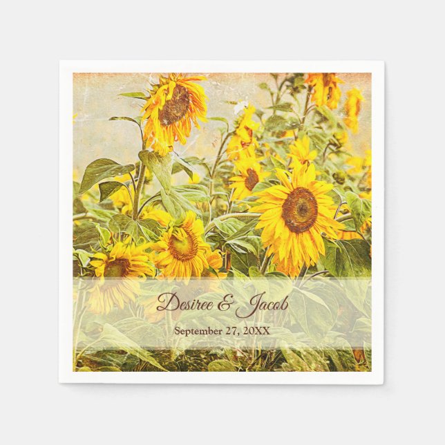 Sunflower Field Vintage Yellow Rustic Wedding Napkin (Front)