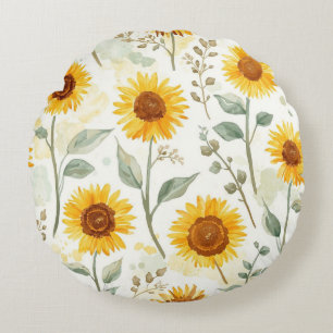 Sunflower Field Watercolor Painting Floral Yellow Round Cushion