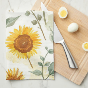 Sunflower Field Watercolor Painting Floral Yellow Tea Towel