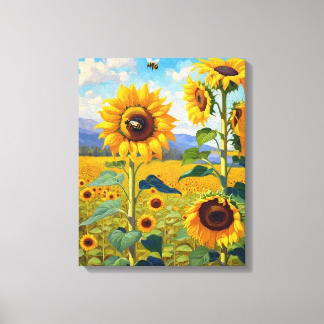 Sunflower Field with Busy Bees Art Canvas Print (Front)