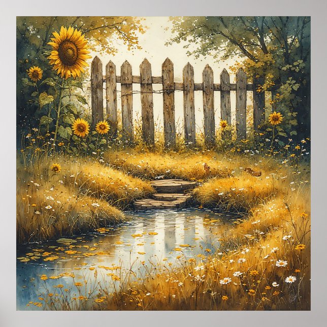Sunflower Field With Rustic Fence Poster (Front)