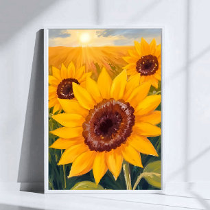 Sunflower Field   Yellow Floral Watercolor Painted Poster
