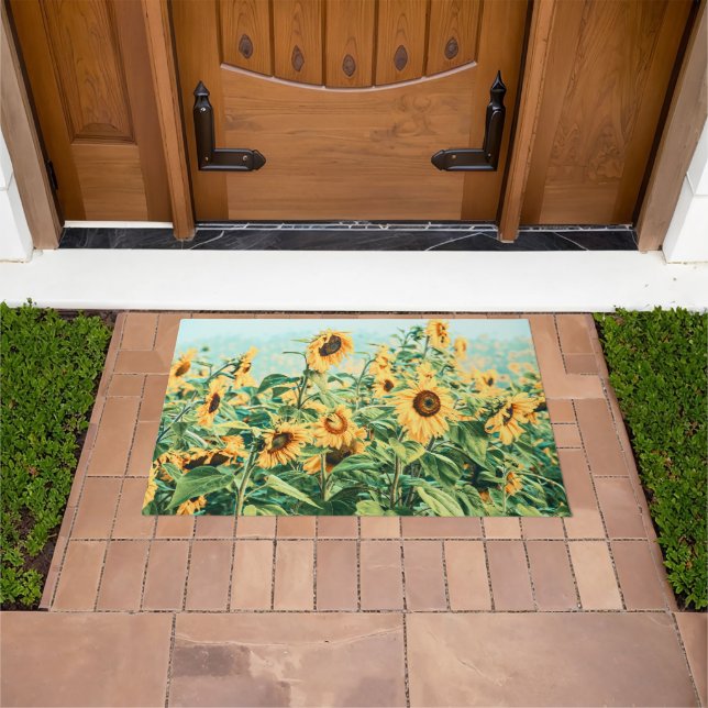 Sunflower Field Yellow Teal Floral Art Design Doormat (Outdoor)
