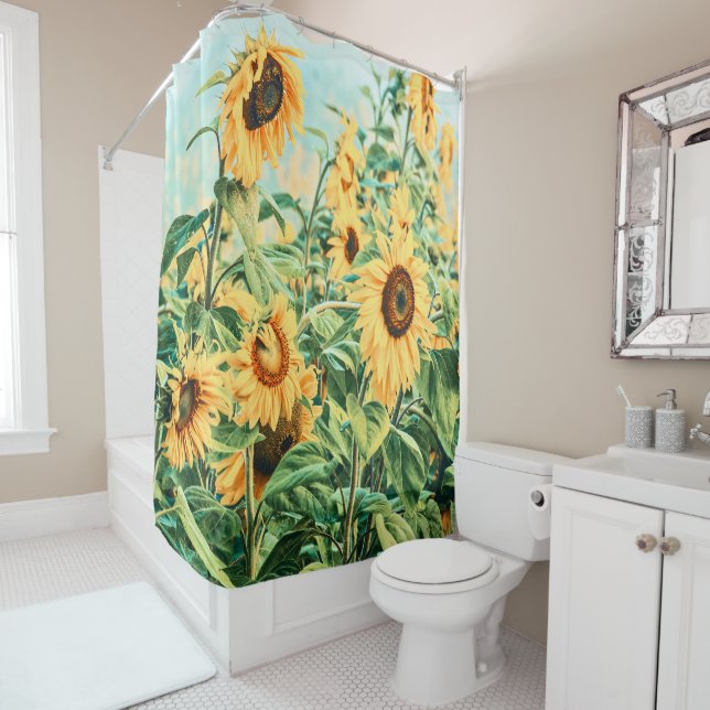 Sunflower Field Yellow Teal Floral Art Design Shower Curtain (In Situ)