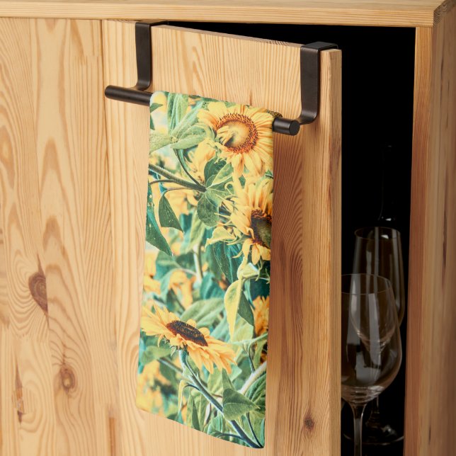 Sunflower Field Yellow Teal Floral Art Design Tea Towel (Thirds Fold)