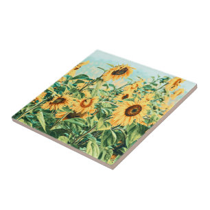 Sunflower Field Yellow Teal Floral Art Design Tile