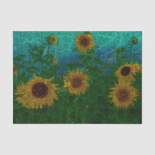 Sunflower Field Yellow Teal Green Blue Vintage Art Tissue Paper