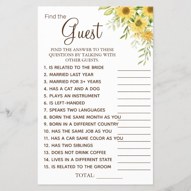 Sunflower Find the Guest Bridal shower game card (Front)