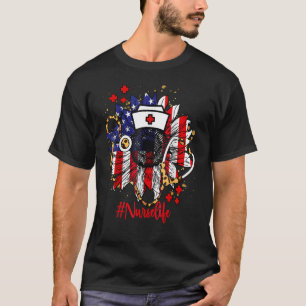 Sunflower Flag Stethoscope Nurse Life 4th Of July T-Shirt