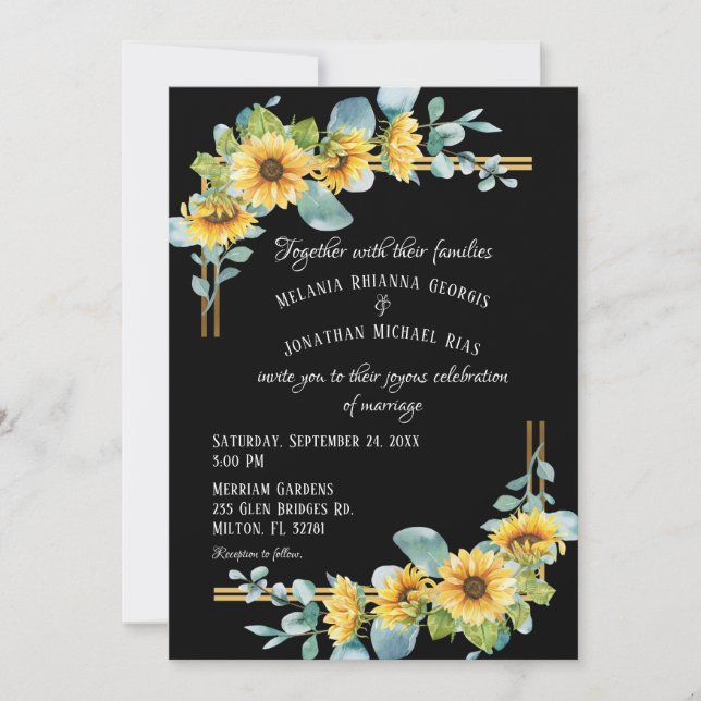 Sunflower Flat Wedding Invitation (Black) (Front)