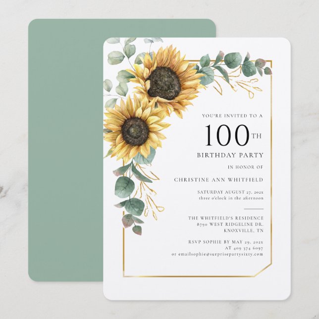 Sunflower Floral 100th Birthday Invitation (Front/Back)
