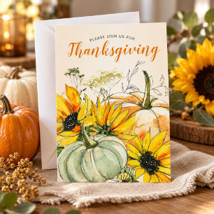 Sunflower Floral and Pumpkins Thanksgiving Dinner Invitation