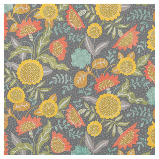 Sunflower Floral Autumn Garden Whimsical Botanical Fabric (Close Up)