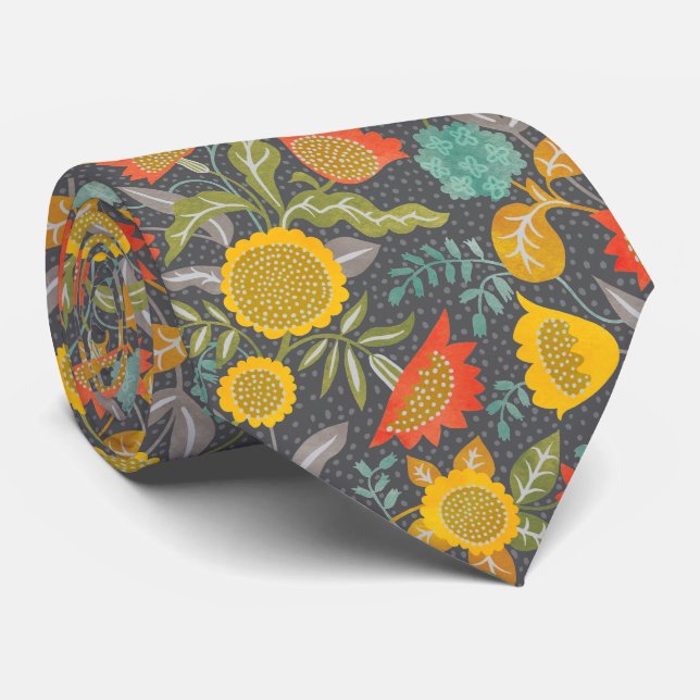 Sunflower Floral Autumn Garden Whimsical Pattern Tie (Rolled)