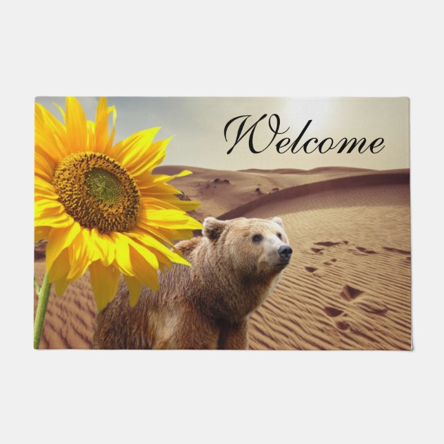 Sunflower Floral Bear  Door Mat (Front)