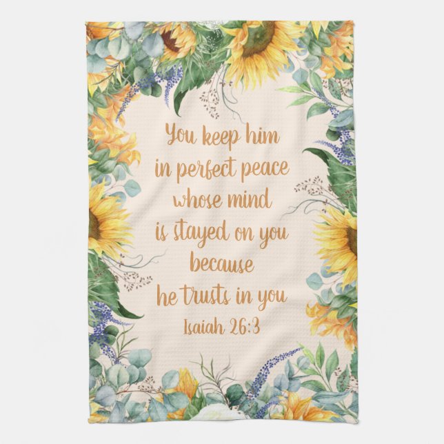 Sunflower Floral Bible Verse Keep Perfect Peace  Tea Towel (Vertical)