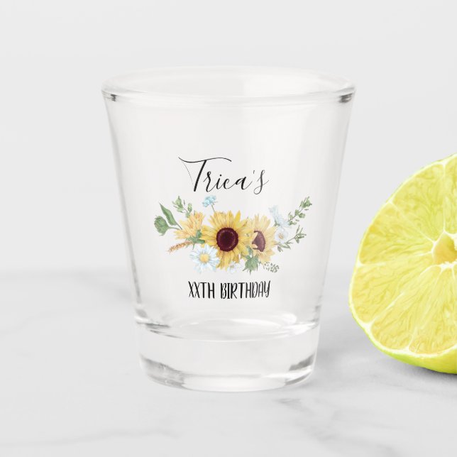 Sunflower Floral Birthday Party Shot Glass (Front)
